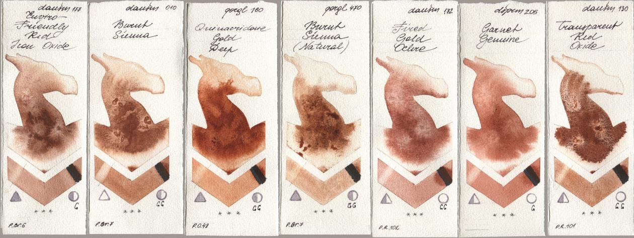 Daniel Smith 177 Enviro-Friendly Red Iron Oxide, 010 Burnt Sienna, Golden QOR 160 Quinacridone Gold Deep, 470 Burnt Sienna (Natural), 172 Fired Gold Ochre, 205 Garnet Genuine, 130 Transparent Red Oxi watercolor swatch