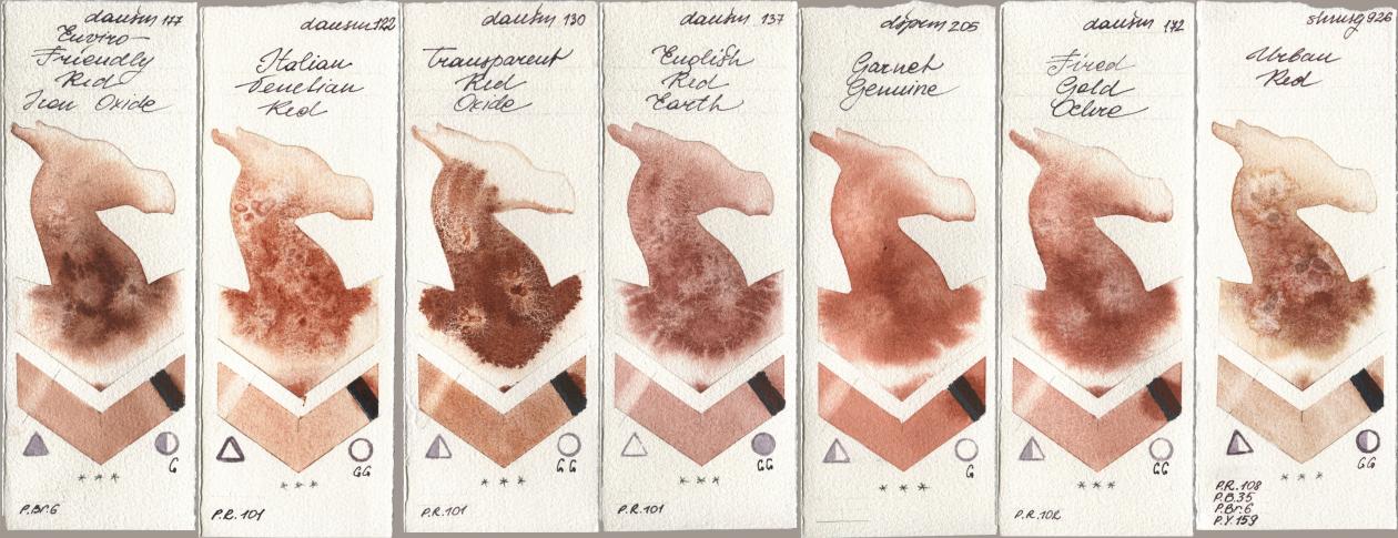 Daniel Smith 177 Enviro-Friendly Red Iron Oxide, 122 Italian Venetian Red, 130 Transparent Red Oxide, 137 English Red Earth, 205 Garnet Genuine, 172 Fired Gold Ochre, Shminke Horadam Aquarell 926 Urban R watercolor swatch