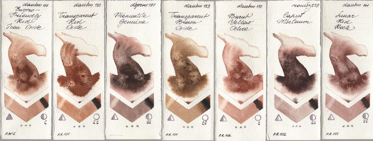 Daniel Smith 177 Enviro-Friendly Red Iron Oxide, 130 Transparent Red Oxide, 191 Piemontite Genuine, 129 Transparent Brown Oxide, 170 Burnt Yellow Ochre, Roman Szmal Aquarius 239 Caput Mortuum, 141 Lunar Red Ro watercolor swatch