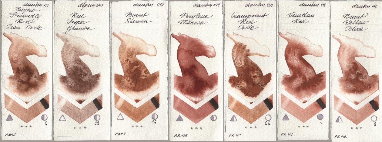 Daniel Smith 177 Enviro-Friendly Red Iron Oxide, 240 Red Jasper Genuine, 010 Burnt Sienna, 074 Perylene Maroon, 130 Transparent Red Oxide, 111 Venetian Red, 170 Burnt Yellow Och watercolor swatch