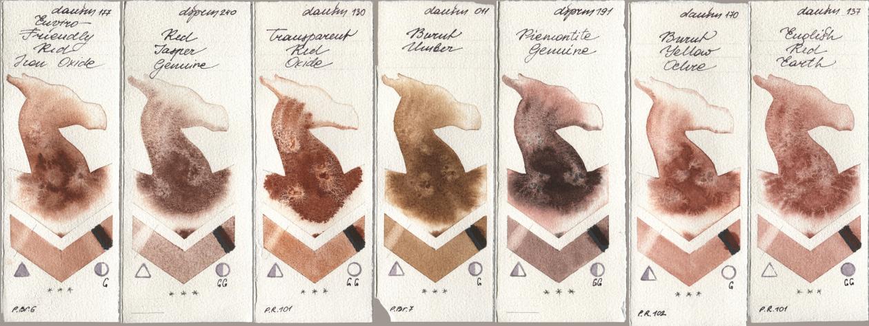 Daniel Smith 177 Enviro-Friendly Red Iron Oxide, 240 Red Jasper Genuine, 130 Transparent Red Oxide, 011 Burnt Umber, 191 Piemontite Genuine, 170 Burnt Yellow Ochre, 137 English Red Ear watercolor swatch