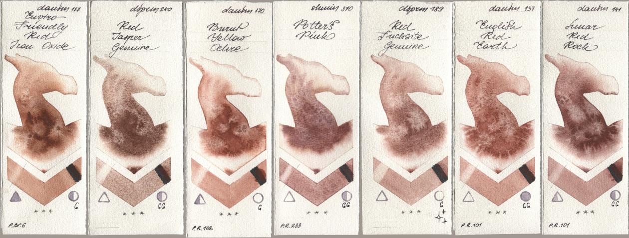 Daniel Smith 177 Enviro-Friendly Red Iron Oxide, 240 Red Jasper Genuine, 170 Burnt Yellow Ochre, Shminke Horadam Aquarell 370 Potters Pink, 189 Red Fuchsite Genuine, 137 English Red Earth, 141 Lunar Red Ro watercolor swatch
