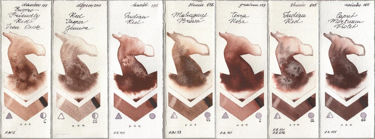Daniel Smith 177 Enviro-Friendly Red Iron Oxide, 240 Red Jasper Genuine, Holbein Artists Watercolor 135 Indian Red, Shminke Horadam Aquarell 672 Mahagony Brown, M. Graham & Co. Artists 179 Terra Rosa, 645 Indian Red, Winsor & Newton Professional 125 Caput Mortuum Viol watercolor swatch