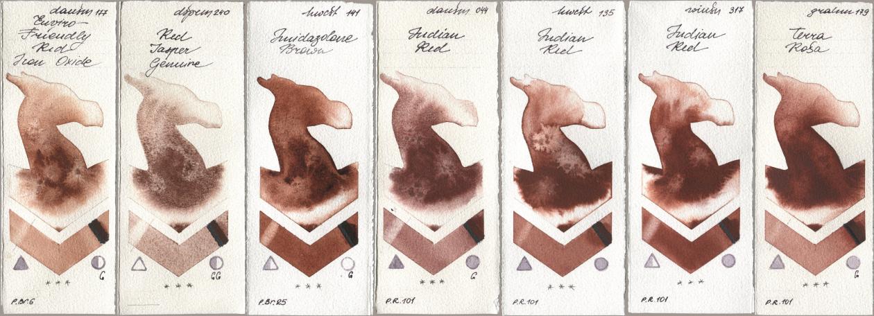 Daniel Smith 177 Enviro-Friendly Red Iron Oxide, 240 Red Jasper Genuine, Holbein Artists Watercolor 141 Imidazolone Brown, 044 Indian Red, 135 Indian Red, Winsor & Newton Professional 317 Indian Red, M. Graham & Co. Artists 179 Terra Ro watercolor swatch
