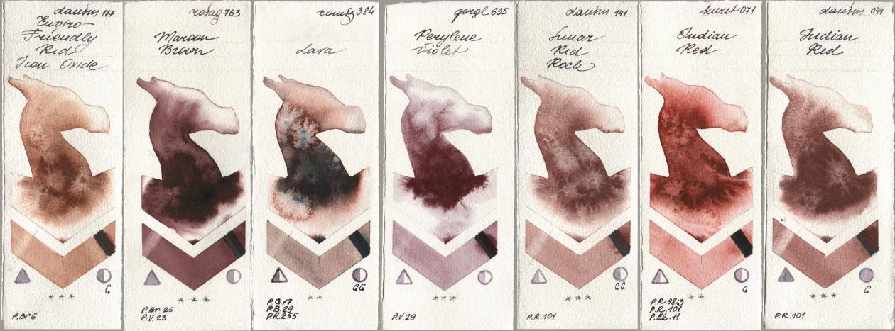Daniel Smith 177 Enviro-Friendly Red Iron Oxide, Rosa Gallery 763 Maroon Brown, Roman Szmal Aquarius 384 Lava, Golden QOR 635 Perylene Violet, 141 Lunar Red Rock, Kuretake Gansai Tambi 071 Indian Red, 044 Indian R watercolor swatch