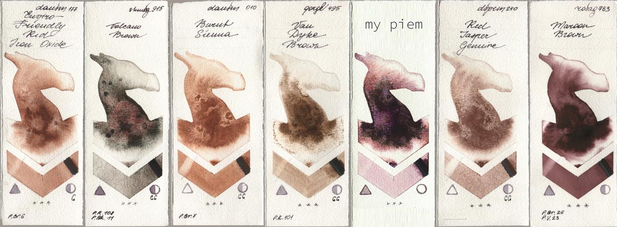 Daniel Smith 177 Enviro-Friendly Red Iron Oxide, Shminke Horadam Aquarell 915 Volcano Brown, 010 Burnt Sienna, Golden QOR 495 Van Dyke Brown, my 191 piem, 240 Red Jasper Genuine, Rosa Gallery 763 Maroon Bro watercolor swatch