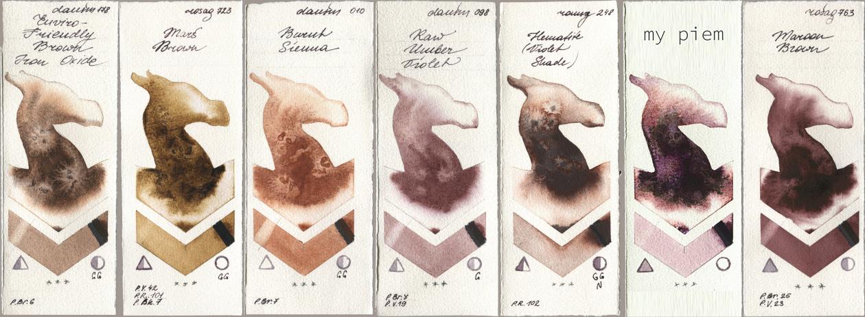 Daniel Smith 178 Enviro-Friendly Brown Iron Oxide, Rosa Gallery 723 Mars Brown, 010 Burnt Sienna, 098 Raw Umber Violet, Roman Szmal Aquarius 248 Hematite (Violet Shade), my 191 piem, 763 Maroon Bro watercolor swatch