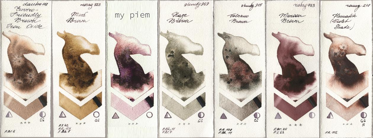 Daniel Smith 178 Enviro-Friendly Brown Iron Oxide, Rosa Gallery 723 Mars Brown, my 191 piem, Shminke Horadam Aquarell 969 Haze Brown, 915 Volcano Brown, 763 Maroon Brown, Roman Szmal Aquarius 248 Hematite (Violet Shad watercolor swatch