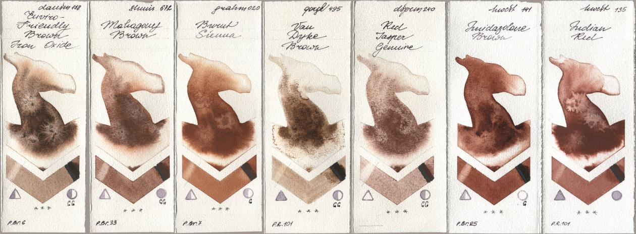 Daniel Smith 178 Enviro-Friendly Brown Iron Oxide, Shminke Horadam Aquarell 672 Mahagony Brown, M. Graham & Co. Artists 020 Burnt Sienna, Golden QOR 495 Van Dyke Brown, 240 Red Jasper Genuine, Holbein Artists Watercolor 141 Imidazolone Brown, 135 Indian R watercolor swatch