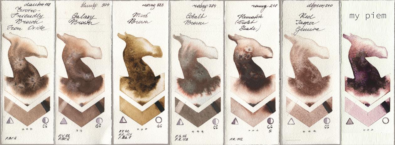 Daniel Smith 178 Enviro-Friendly Brown Iron Oxide, Shminke Horadam Aquarell 974 Galaxy Brown, Rosa Gallery 723 Mars Brown, 784 Cobalt Brown, Roman Szmal Aquarius 248 Hematite (Violet Shade), 240 Red Jasper Genuine, my 191 pi watercolor swatch
