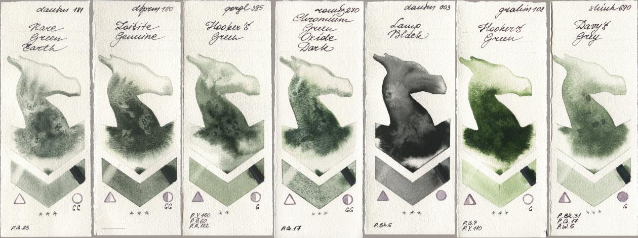 Daniel Smith 181 Rare Green Earth, 180 Zoisite Genuine, Golden QOR 395 Hookers Green, Roman Szmal Aquarius 270 Chromium Green Oxide Dark, 003 Lamp Black, M. Graham & Co. Artists 108 Hookers Green, Shinhan PWC 690 Davys Gr watercolor swatch