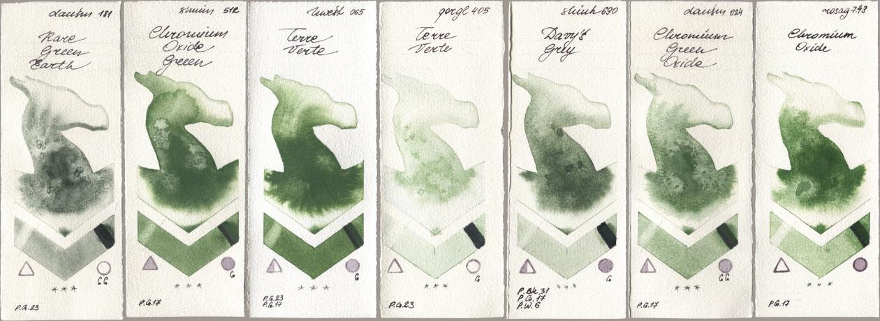 Daniel Smith 181 Rare Green Earth, Shminke Horadam Aquarell 512 Chromium Oxide Green, Holbein Artists Watercolor 065 Terre Verte, Golden QOR 405 Terre Verte, Shinhan PWC 690 Davys Grey, 024 Chromium Green Oxide, Rosa Gallery 743 Chromium Oxi watercolor swatch