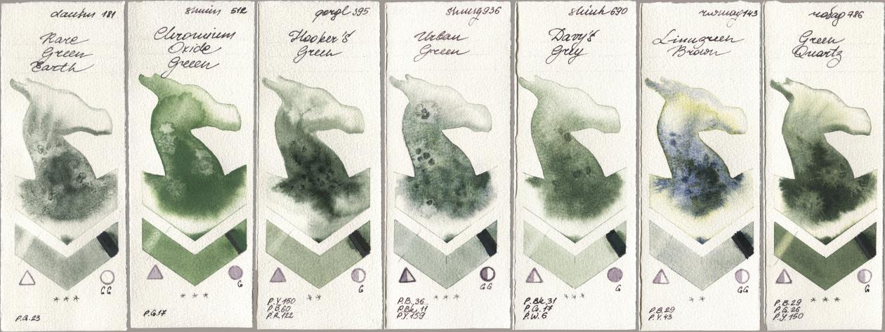Daniel Smith 181 Rare Green Earth, Shminke Horadam Aquarell 512 Chromium Oxide Green, Golden QOR 395 Hookers Green, 936 Urban Green, Shinhan PWC 690 Davys Grey, Rockwell 143 Limugreen Brown, Rosa Gallery 786 Green Quar watercolor swatch