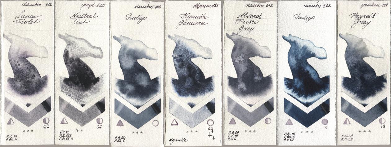 Daniel Smith 182 Lunar Violet, Golden QOR 520 Neutral Tint, 046 Indigo, 186 Kyanite Genuine, 242 Alvaros Fresco Grey, Winsor & Newton Professional 322 Indigo, M. Graham & Co. Artists 128 Payne’s Gr watercolor swatch