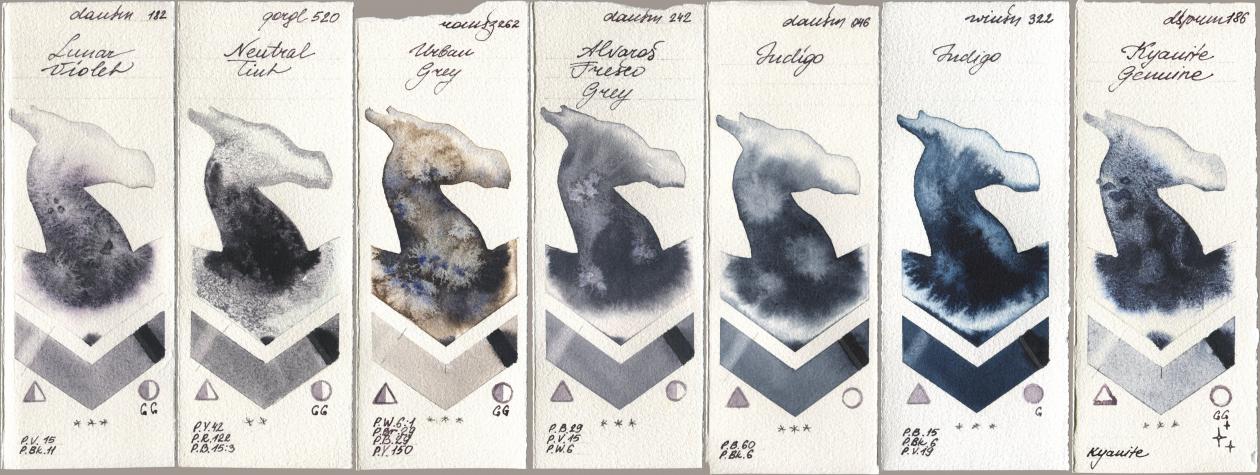 Daniel Smith 182 Lunar Violet, Golden QOR 520 Neutral Tint, Roman Szmal Aquarius 262 Urban Grey, 242 Alvaros Fresco Grey, 046 Indigo, Winsor & Newton Professional 322 Indigo, 186 Kyanite Genui watercolor swatch