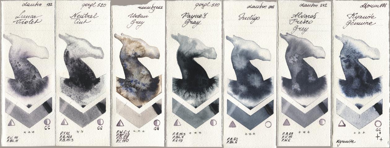 Daniel Smith 182 Lunar Violet, Golden QOR 520 Neutral Tint, Roman Szmal Aquarius 262 Urban Grey, 510 Paynes Gray, 046 Indigo, 242 Alvaros Fresco Grey, 186 Kyanite Genui watercolor swatch