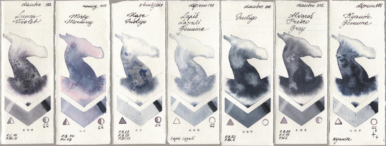 Daniel Smith 182 Lunar Violet, Roman Szmal Aquarius 415 Misty Morning, Shminke Horadam Aquarell 968 Haze Indigo, 138 Lapis Lazuli Genuine, 046 Indigo, 242 Alvaros Fresco Grey, 186 Kyanite Genui watercolor swatch