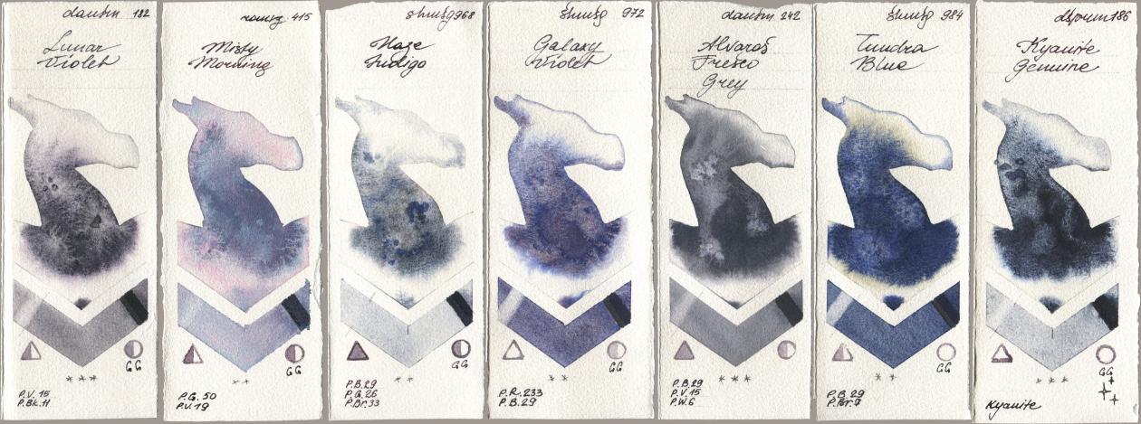 Daniel Smith 182 Lunar Violet, Roman Szmal Aquarius 415 Misty Morning, Shminke Horadam Aquarell 968 Haze Indigo, 972 Galaxy Violet, 242 Alvaros Fresco Grey, 984 Tundra Blue, 186 Kyanite Genui watercolor swatch