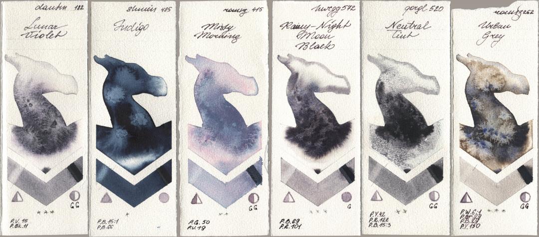 Daniel Smith 182 Lunar Violet, Shminke Horadam Aquarell 485 Indigo, Roman Szmal Aquarius 415 Misty Morning, Holbein Artists Watercolor 572 Rainy-Night Moon Back, Golden QOR 520 Neutral Tint, 262 Urban Gr watercolor swatch