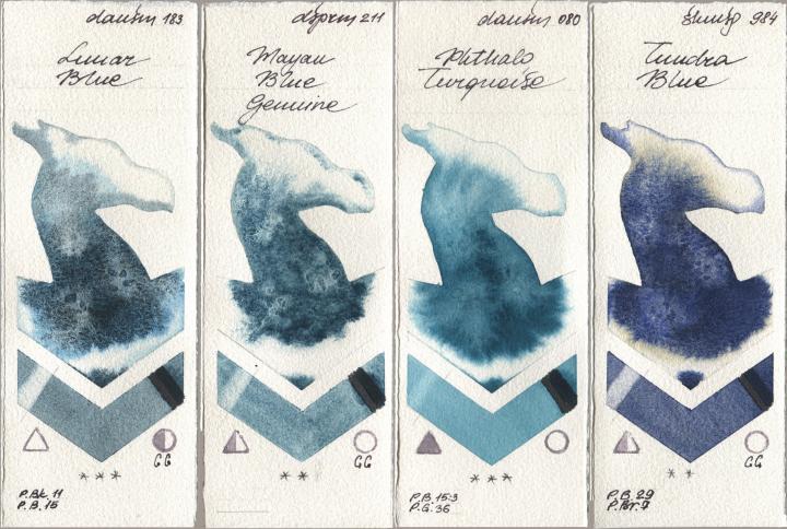 Daniel Smith 183 Lunar Blue, 211 Mayan Blue Genuine, 080 Phthalo Turquoise, Shminke Horadam Aquarell 984 Tundra Bl watercolor swatch