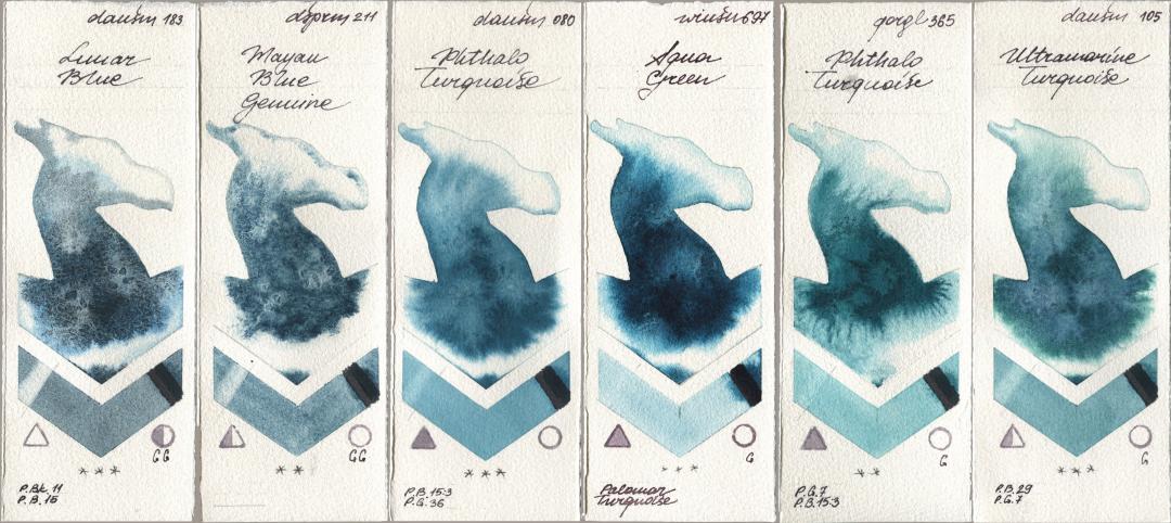 Daniel Smith 183 Lunar Blue, 211 Mayan Blue Genuine, 080 Phthalo Turquoise, Winsor & Newton Professional 697 Aqua Green, Golden QOR 365 Phthalo Turquoise, 105 Ultramarine Turquoi watercolor swatch