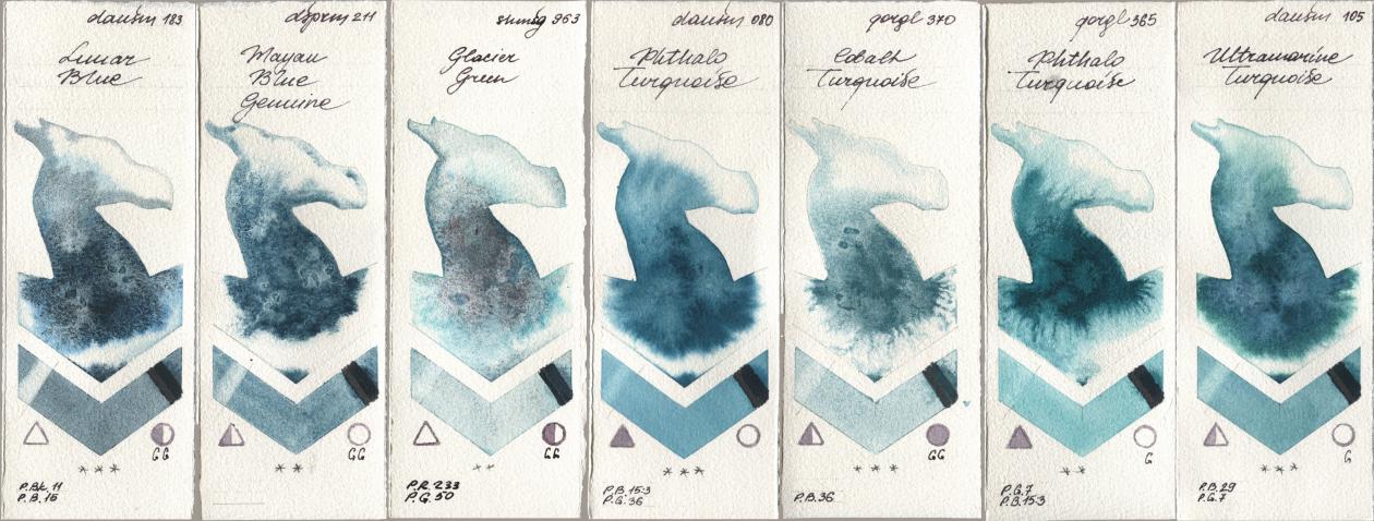 Daniel Smith 183 Lunar Blue, 211 Mayan Blue Genuine, Shminke Horadam Aquarell 963 Glacier Green, 080 Phthalo Turquoise, Golden QOR 370 Cobalt Turquoise, 365 Phthalo Turquoise, 105 Ultramarine Turquoi watercolor swatch