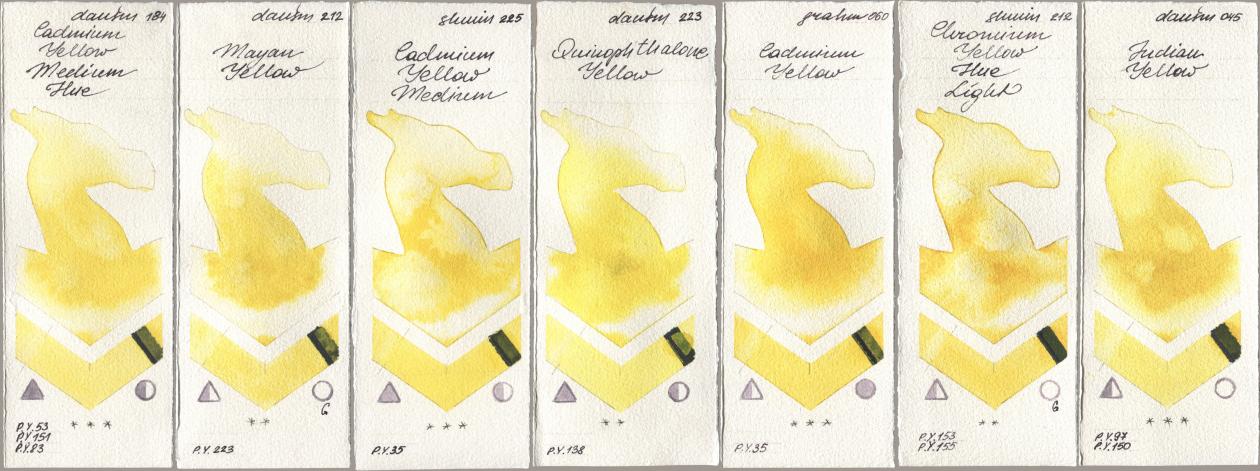 Daniel Smith 184 Cadmium Yellow Medium Hue, 212 Mayan Yellow, Shminke Horadam Aquarell 225 Cadmium Yellow Medium, 223 Quinophthalone Yellow, M. Graham & Co. Artists 060 Cadmium Yellow, 212 Chromium Yellow Hue Light, 045 Indian Yell watercolor swatch