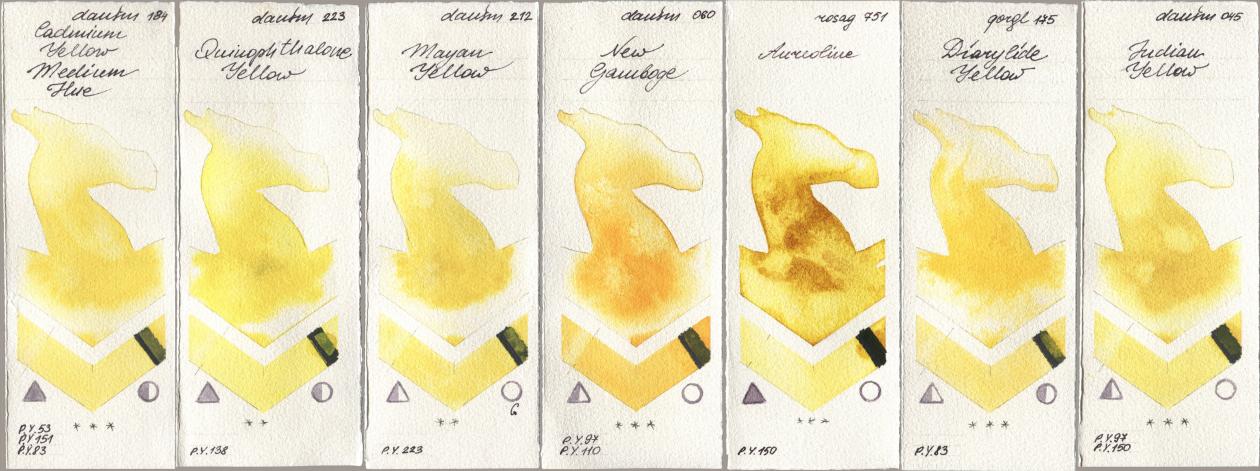Daniel Smith 184 Cadmium Yellow Medium Hue, 223 Quinophthalone Yellow, 212 Mayan Yellow, 060 New Gamboge, Rosa Gallery 751 Aureoline, Golden QOR 175 Diarylide Yellow, 045 Indian Yell watercolor swatch