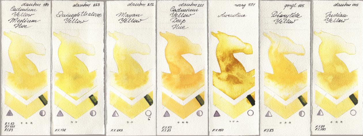 Daniel Smith 184 Cadmium Yellow Medium Hue, 223 Quinophthalone Yellow, 212 Mayan Yellow, 221 Cadmium Yellow Deep Hue, Rosa Gallery 751 Aureoline, Golden QOR 175 Diarylide Yellow, 045 Indian Yell watercolor swatch
