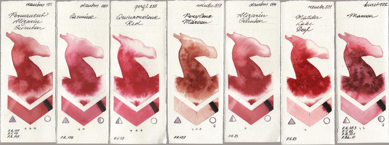 Daniel Smith 185 Permanent Alizarin Crimson, 020 Carmine, Golden QOR 235 Quinacridone Red, Winsor & Newton Professional 507 Perylene Maroon, 004 Alizarin Crimson, Royal Talens Rembrandt Watercolour 331 Madder Lake Deep, Kuretake Gansai Tambi 072 Maro watercolor swatch