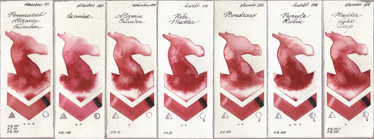 Daniel Smith 185 Permanent Alizarin Crimson, 020 Carmine, Winsor & Newton Professional 004 Alizarin Crimson, Holbein Artists Watercolor 012 Rose Madder, Shminke Horadam Aquarell 362 Bordeaux, 006 Pyrrole Rubin, 358 Madder Lake De watercolor swatch