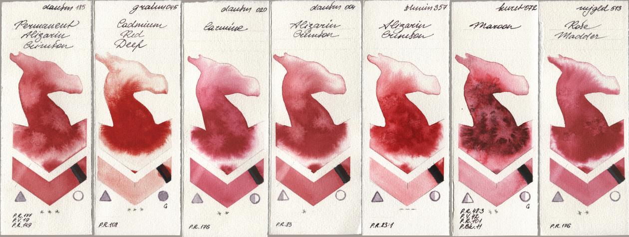 Daniel Smith 185 Permanent Alizarin Crimson, M. Graham & Co. Artists 045 Cadmium Red Deep, 020 Carmine, 004 Alizarin Crimson, Shminke Horadam Aquarell 357 Alizarin Crimson, Kuretake Gansai Tambi 072 Maroon, Mijello Mission Gold 513 Rose Madd watercolor swatch