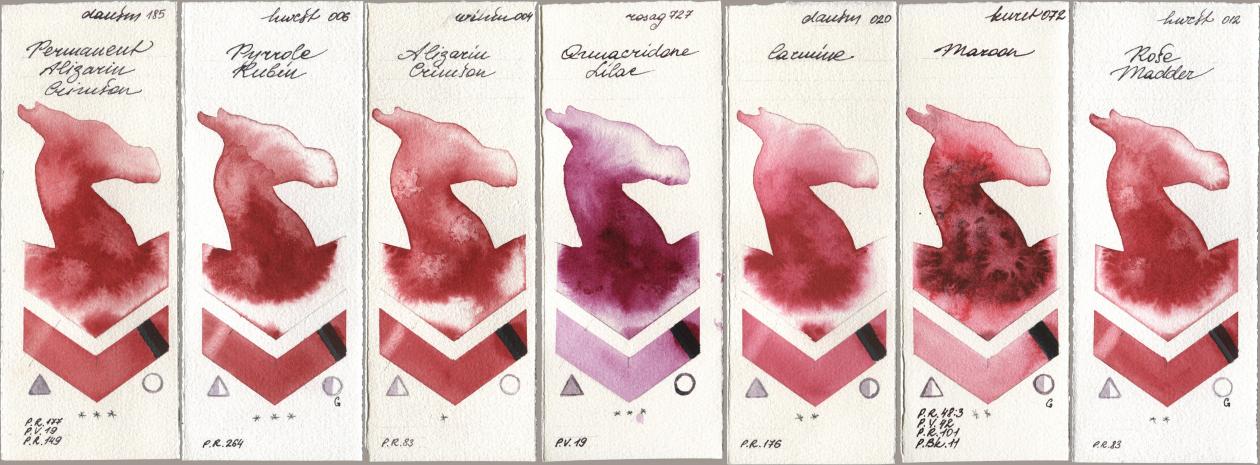 Daniel Smith 185 Permanent Alizarin Crimson, Holbein Artists Watercolor 006 Pyrrole Rubin, Winsor & Newton Professional 004 Alizarin Crimson, Rosa Gallery 727 Quinacridone Lilac, 020 Carmine, Kuretake Gansai Tambi 072 Maroon, 012 Rose Madd watercolor swatch