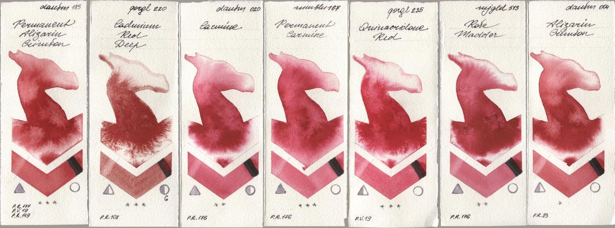 Daniel Smith 185 Permanent Alizarin Crimson, Golden QOR 220 Cadmium Red Deep, 020 Carmine, Maimeri Blu 167 Permanent Carmine, 235 Quinacridone Red, Mijello Mission Gold 513 Rose Madder, 004 Alizarin Crims watercolor swatch