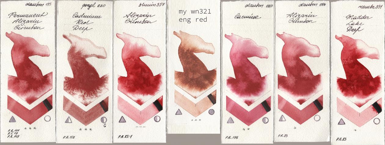 Daniel Smith 185 Permanent Alizarin Crimson, Golden QOR 220 Cadmium Red Deep, Shminke Horadam Aquarell 357 Alizarin Crimson, my 034 eng red, 020 Carmine, 004 Alizarin Crimson, Royal Talens Rembrandt Watercolour 331 Madder Lake De watercolor swatch