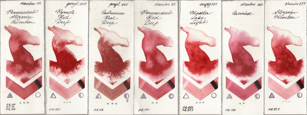 Daniel Smith 185 Permanent Alizarin Crimson, Golden QOR 225 Pyrrole Red Deep, 220 Cadmium Red Deep, 069 Permanent Red Deep, Royal Talens Van Gogh Watercolour 327 Madder Lake Light, 020 Carmine, Shminke Horadam Aquarell 357 Alizarin Crims watercolor swatch