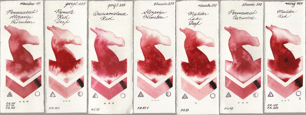 Daniel Smith 185 Permanent Alizarin Crimson, Golden QOR 225 Pyrrole Red Deep, 235 Quinacridone Red, Shminke Horadam Aquarell 357 Alizarin Crimson, Royal Talens Rembrandt Watercolour 331 Madder Lake Deep, 353 Permanent Carmine, Rosa Gallery 725 Madder R watercolor swatch