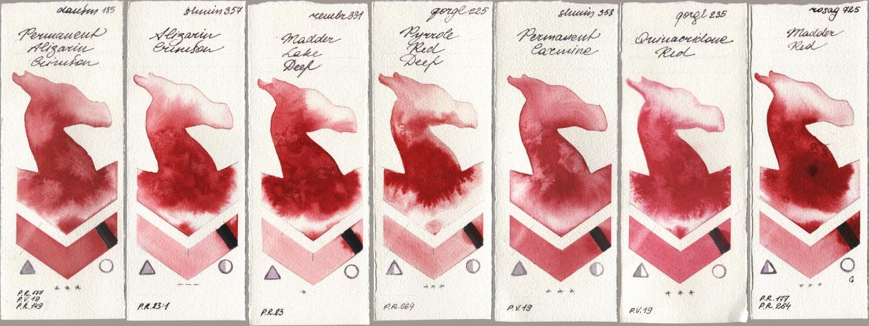 Daniel Smith 185 Permanent Alizarin Crimson, Shminke Horadam Aquarell 357 Alizarin Crimson, Royal Talens Rembrandt Watercolour 331 Madder Lake Deep, Golden QOR 225 Pyrrole Red Deep, 353 Permanent Carmine, 235 Quinacridone Red, Rosa Gallery 725 Madder R watercolor swatch