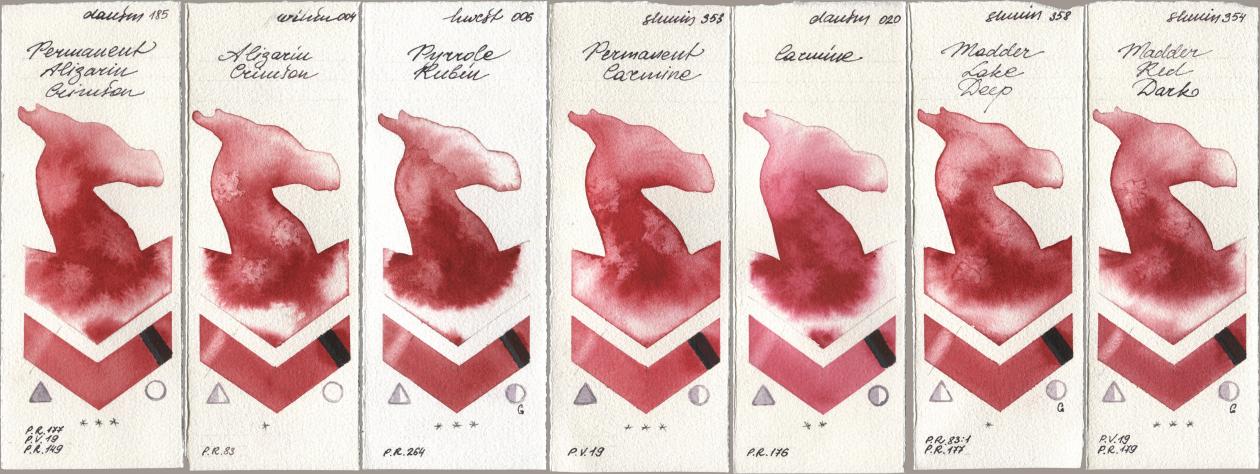 Daniel Smith 185 Permanent Alizarin Crimson, Winsor & Newton Professional 004 Alizarin Crimson, Holbein Artists Watercolor 006 Pyrrole Rubin, Shminke Horadam Aquarell 353 Permanent Carmine, 020 Carmine, 358 Madder Lake Deep, 354 Madder Red Da watercolor swatch