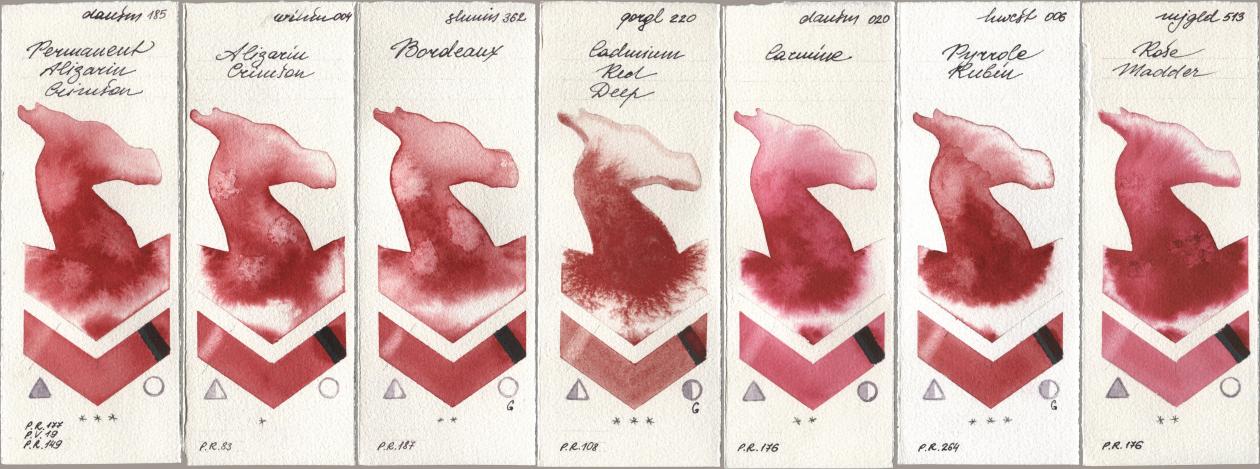Daniel Smith 185 Permanent Alizarin Crimson, Winsor & Newton Professional 004 Alizarin Crimson, Shminke Horadam Aquarell 362 Bordeaux, Golden QOR 220 Cadmium Red Deep, 020 Carmine, Holbein Artists Watercolor 006 Pyrrole Rubin, Mijello Mission Gold 513 Rose Madd watercolor swatch