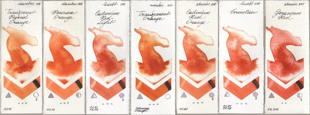 Daniel Smith 187 Transparent Pyrrol Orange, 066 Perinone Orange, Holbein Artists Watercolor 014 Cadmium Red Light, Winsor & Newton Professional 650 Transparent Orange, Shminke Horadam Aquarell 348 Cadmium Red Orange, 018 Vermilion, 341 Geranium R watercolor swatch
