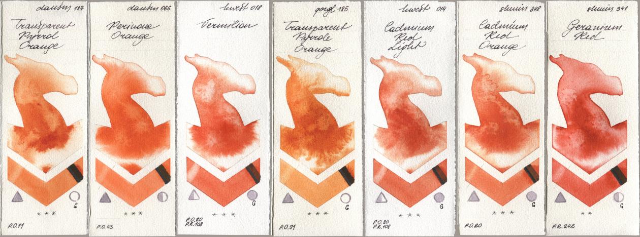 Daniel Smith 187 Transparent Pyrrol Orange, 066 Perinone Orange, Holbein Artists Watercolor 018 Vermilion, Golden QOR 185 Transparent Pyrrole Orange, 014 Cadmium Red Light, Shminke Horadam Aquarell 348 Cadmium Red Orange, 341 Geranium R watercolor swatch