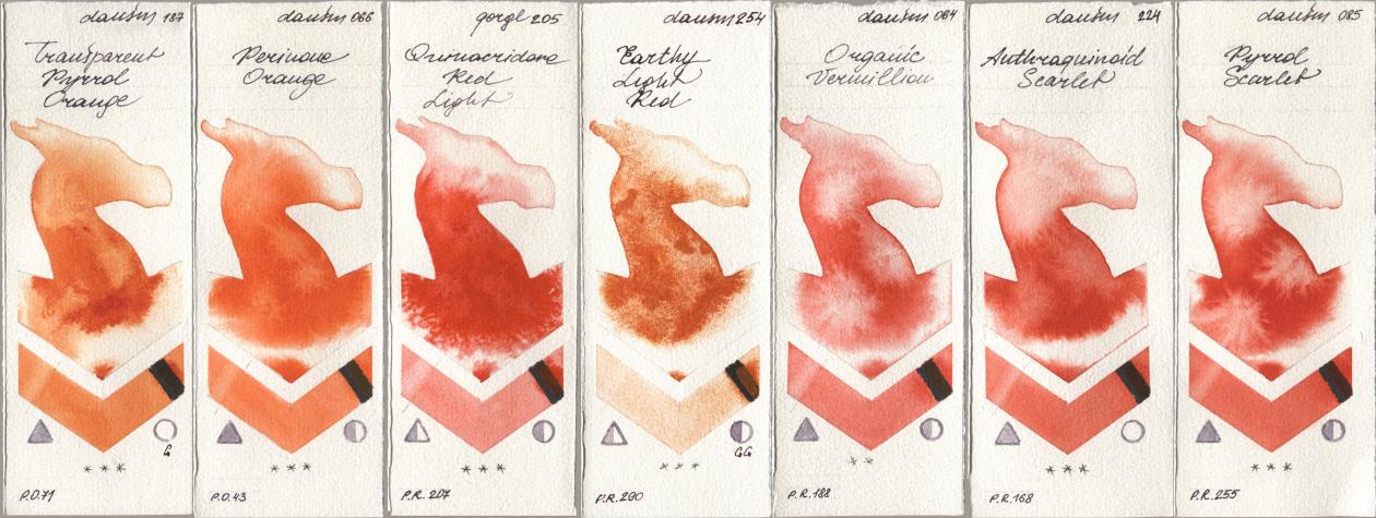 Daniel Smith 187 Transparent Pyrrol Orange, 066 Perinone Orange, Golden QOR 205 Quinacridone Red Light, 254 Earthy Light Red, 064 Organic Vermilion, 224 Anthraquinoid Scarlet, 085 Pyrrol Scarl watercolor swatch