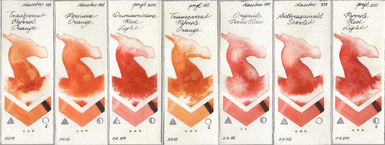 Daniel Smith 187 Transparent Pyrrol Orange, 066 Perinone Orange, Golden QOR 205 Quinacridone Red Light, 185 Transparent Pyrrole Orange, 064 Organic Vermilion, 224 Anthraquinoid Scarlet, 200 Pyrrole Red Lig watercolor swatch