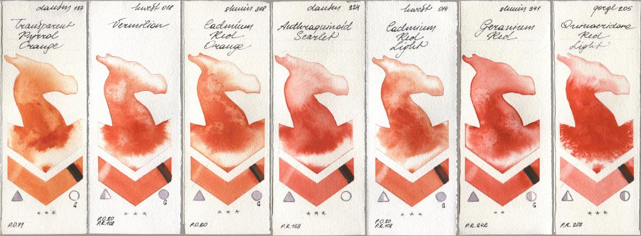 Daniel Smith 187 Transparent Pyrrol Orange, Holbein Artists Watercolor 018 Vermilion, Shminke Horadam Aquarell 348 Cadmium Red Orange, 224 Anthraquinoid Scarlet, 014 Cadmium Red Light, 341 Geranium Red, Golden QOR 205 Quinacridone Red Lig watercolor swatch