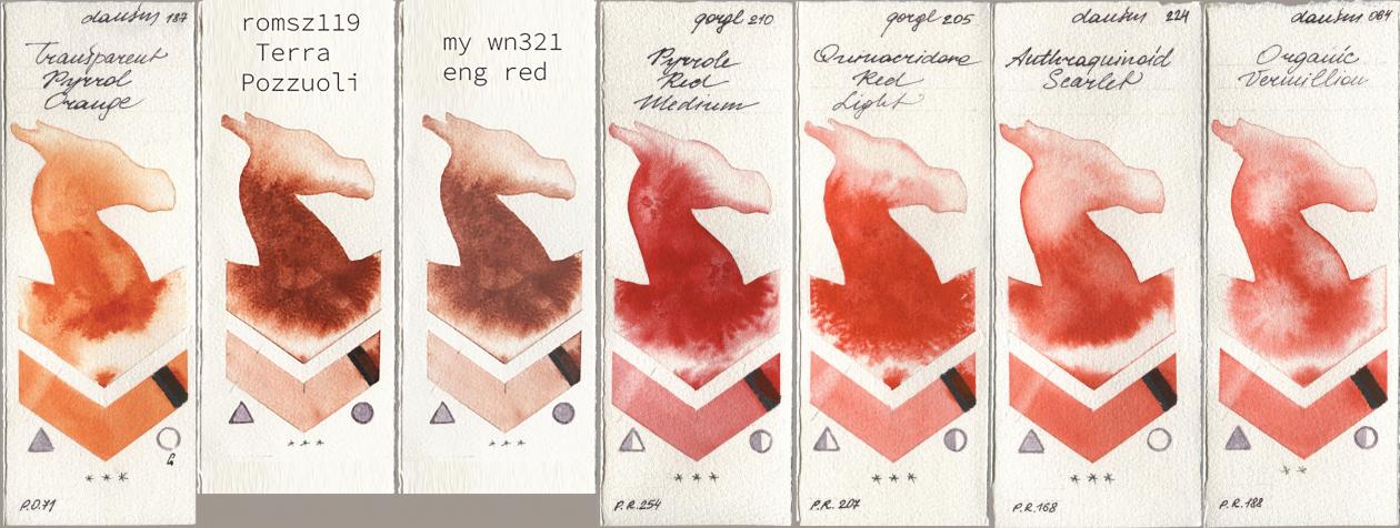Daniel Smith 187 Transparent Pyrrol Orange, my 119 pozzuoli, 034 eng red, Golden QOR 210 Pyrrole Red Medium, 205 Quinacridone Red Light, 224 Anthraquinoid Scarlet, 064 Organic Vermili watercolor swatch