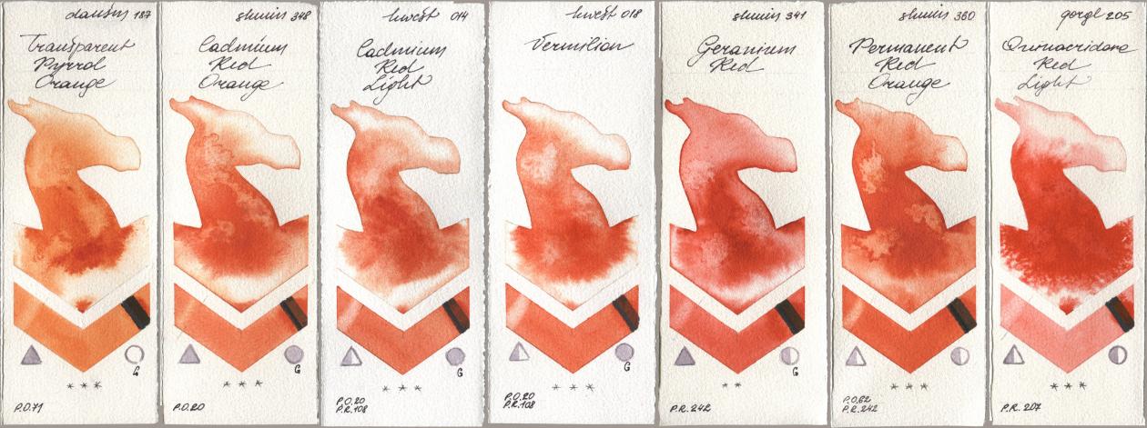 Daniel Smith 187 Transparent Pyrrol Orange, Shminke Horadam Aquarell 348 Cadmium Red Orange, Holbein Artists Watercolor 014 Cadmium Red Light, 018 Vermilion, 341 Geranium Red, 360 Permanent Red Orange, Golden QOR 205 Quinacridone Red Lig watercolor swatch