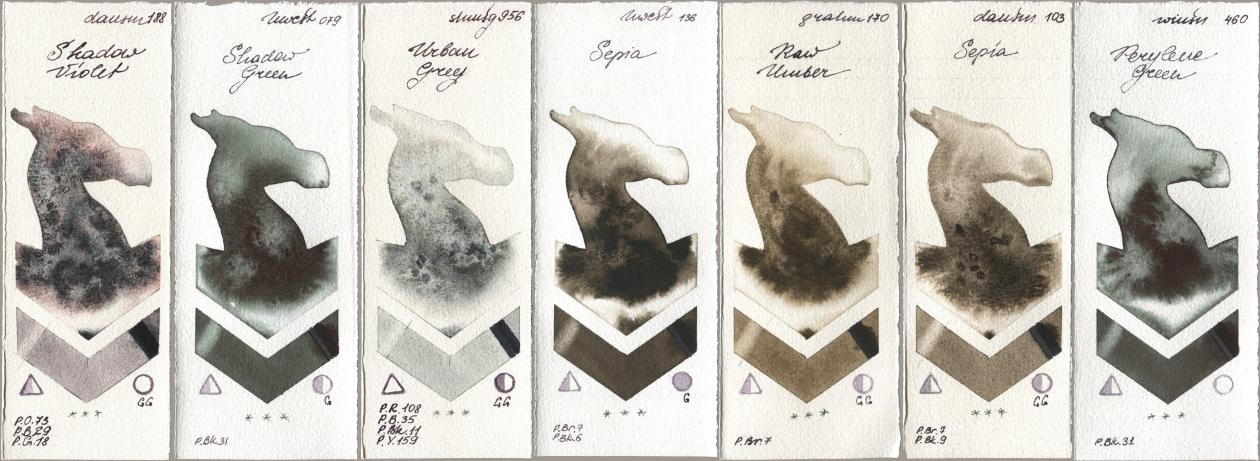 Daniel Smith 188 Shadow Violet, Holbein Artists Watercolor 079 Shadow Green, Shminke Horadam Aquarell 956 Urban Grey, 136 Sepia, M. Graham & Co. Artists 170 Raw Umber, 103 Sepia, Winsor & Newton Professional 460 Perylene Gre watercolor swatch