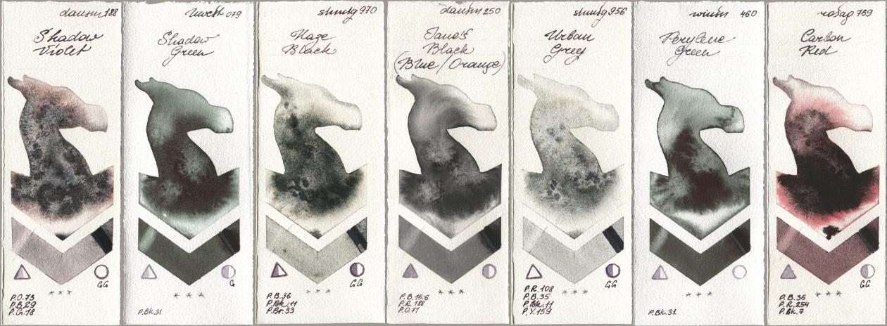 Daniel Smith 188 Shadow Violet, Holbein Artists Watercolor 079 Shadow Green, Shminke Horadam Aquarell 970 Haze Black, 250 Janes Black (Blue/Orange), 956 Urban Grey, Winsor & Newton Professional 460 Perylene Green, Rosa Gallery 769 Carbon R watercolor swatch
