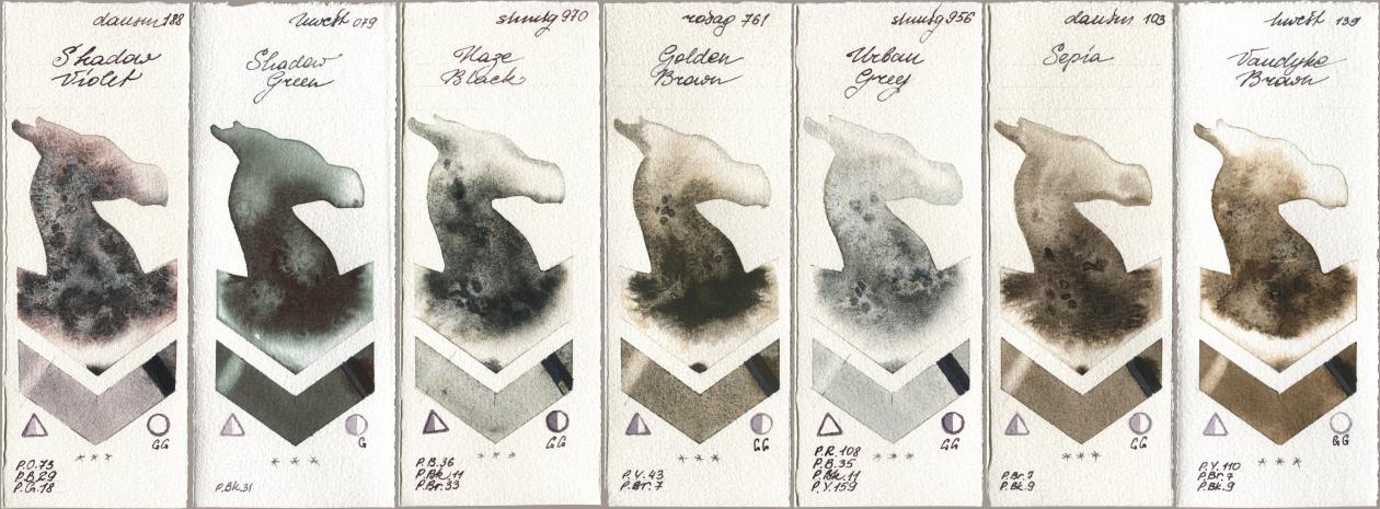 Daniel Smith 188 Shadow Violet, Holbein Artists Watercolor 079 Shadow Green, Shminke Horadam Aquarell 970 Haze Black, Rosa Gallery 761 Golden Brown, 956 Urban Grey, 103 Sepia, 139 Vandyke Bro watercolor swatch